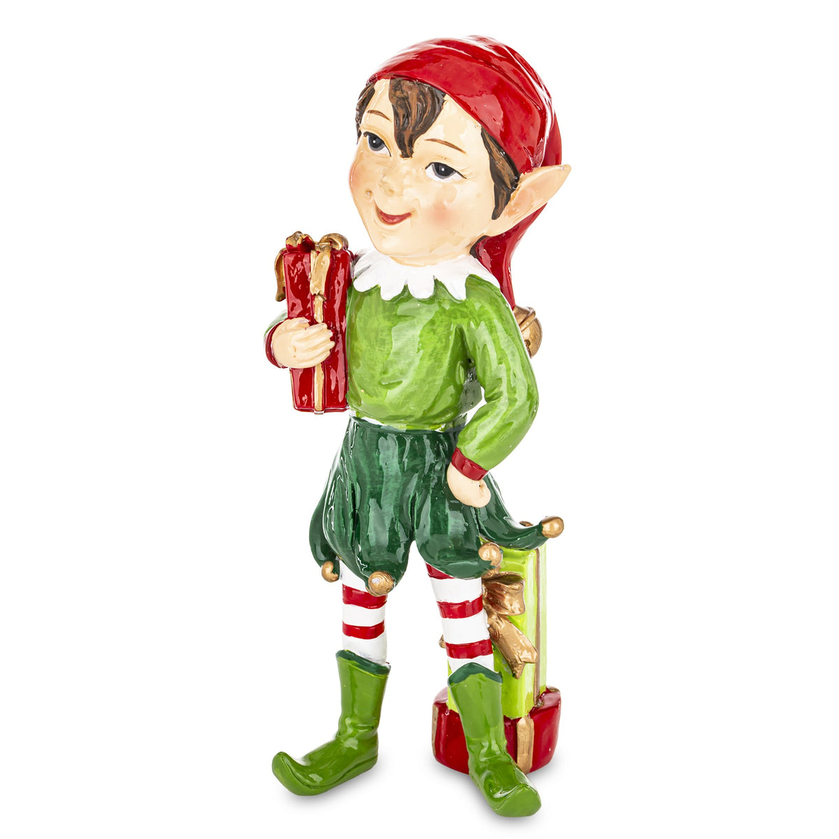 Figurină veselă reprezentând un spiriduș de Crăciun cu pachete de cadouri, concepută pentru a aduce un aer jucăuș și festiv în orice decor de iarnă. Este ideală pentru living, vitrine, birouri sau colțuri tematice de sărbători. Culorile vii și expresia simpatică o transformă într-un element decorativ plin de energie.