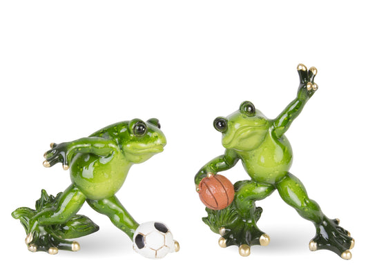 Figurină broască fotbalist din rășină, 7x11x8cm, obiect decorativ amuzant și cadou original pentru pasionații de fotbal.