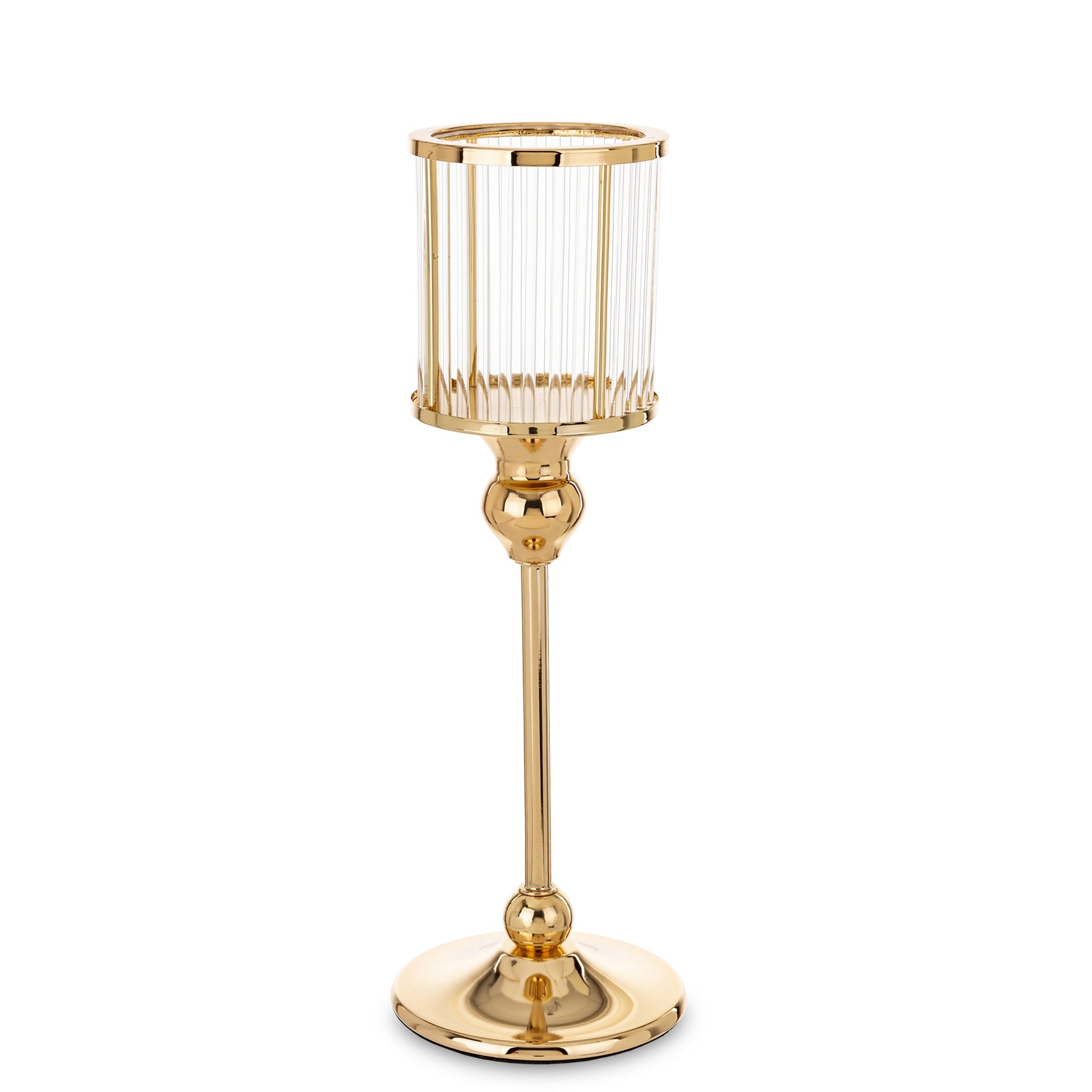 Sfeșnic auriu cu detalii transparente, 31x10x10 cm, decor elegant pentru interior, realizat din metal și sticlă