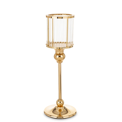 Sfeșnic auriu cu detalii transparente, 31x10x10 cm, decor elegant pentru interior, realizat din metal și sticlă