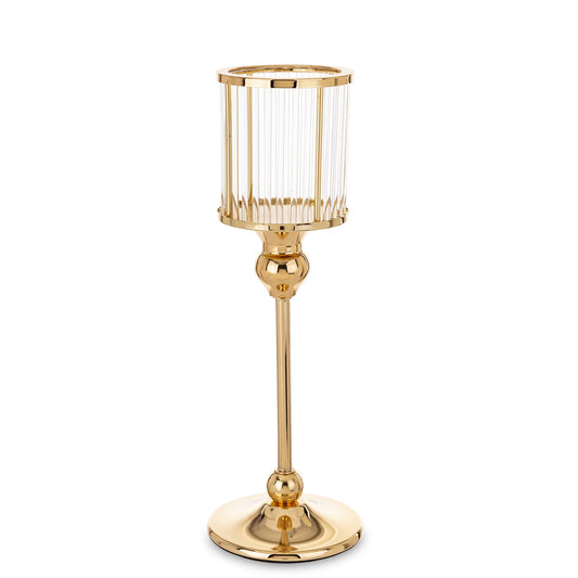 Sfeșnic auriu cu detalii transparente, 31x10x10 cm, decor elegant pentru interior, realizat din metal și sticlă