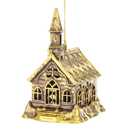 Glob Crăciun biserică auriu (10x7,5x6 cm), decor religios pentru sărbători