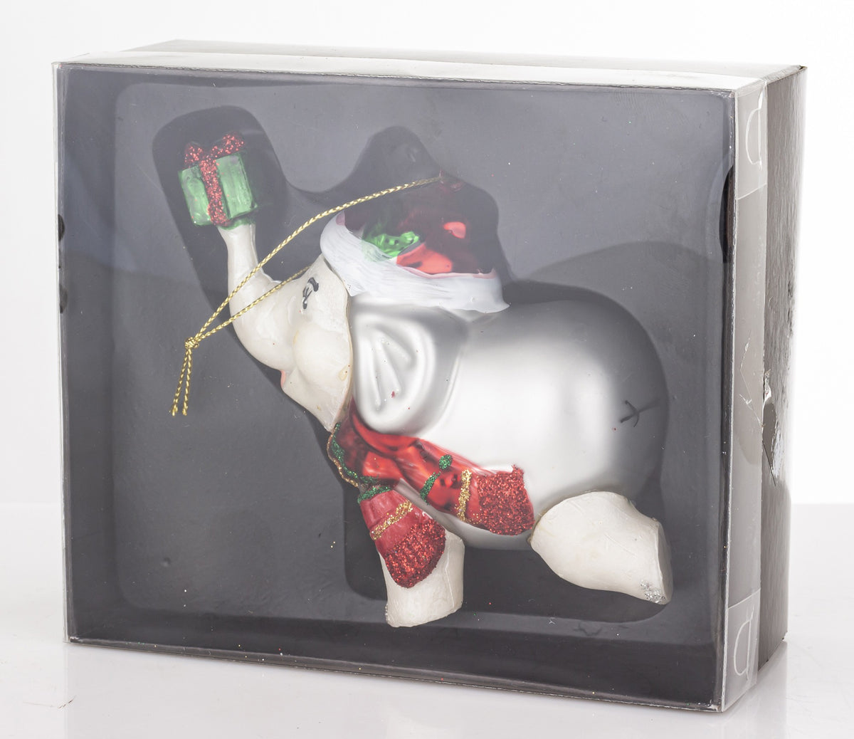 Figurină glob Crăciun elefant decorativă, ideală sărbători, cadou Crăciun și decor brad elegant.