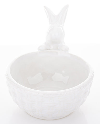 Ghiveci ceramică alb cu iepuraș decorativ, ideal Paște, primăvară, cadou sezonier și decor casă elegant și vesel.