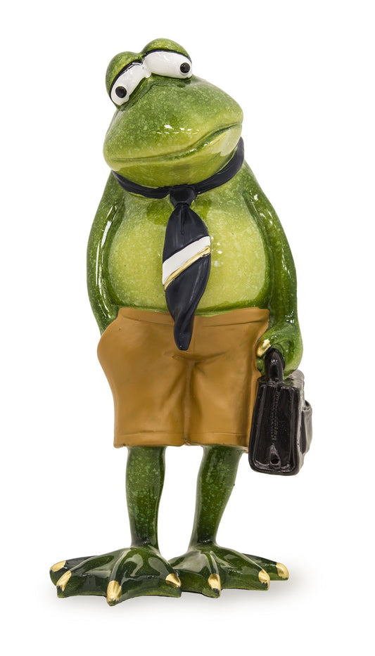 Figurină broască din rășină, 17x8x7 cm, cu expresie amuzantă de plictiseală la lucru, un obiect decorativ plin de umor și originalitate.