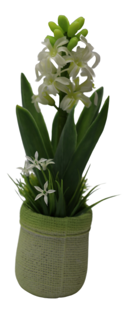 Zambilă artificială albă mică cu ghiveci ceramic, floare decorativă