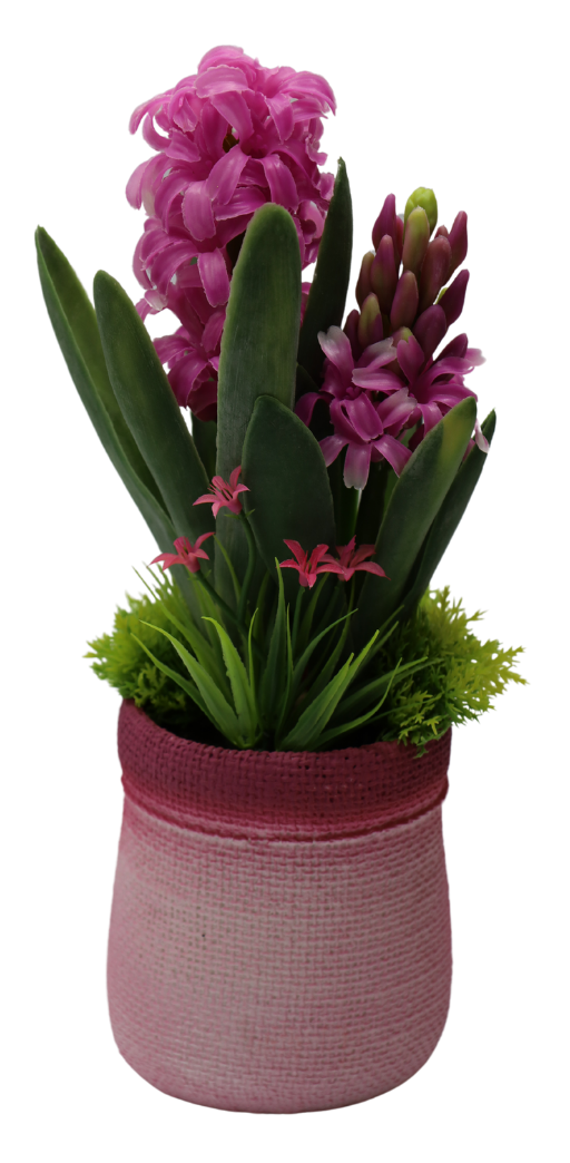 Zambilă artificială roz cu ghiveci ceramic, floare decorativă mare