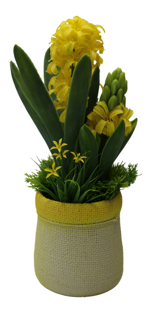 Zambilă artificială galbenă mare cu ghiveci, obiect decorativ pentru decor și organizarea spațiului, prezentat ca accent pentru locuință