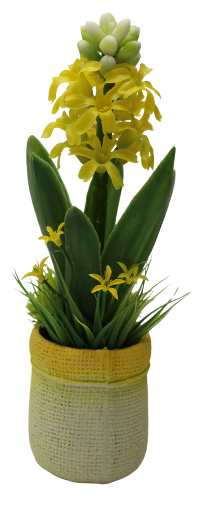 Zambilă artificială galbenă mică cu ghiveci ceramic, floare decorativă