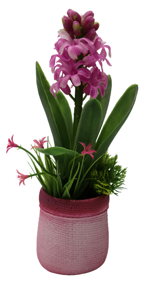 Zambilă artificială roz cu ghiveci ceramic, 7x7x24cm, floare decorativă realistă.