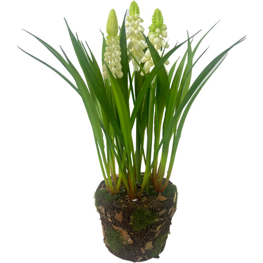 Muscari artificiali albi în ghiveci de plută, flori decorative sezoniere