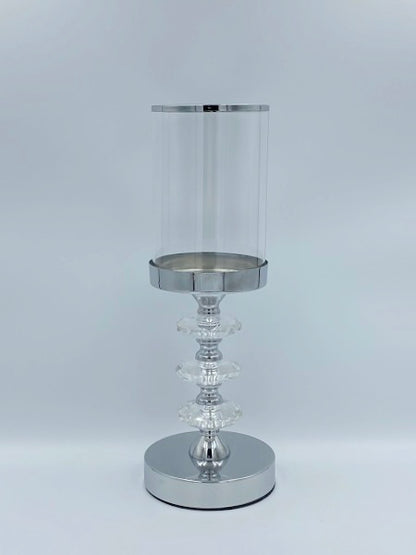 Sfeșnic argintiu cu 3 discuri de cristal 34x12 cm, decor elegant și cadou rafinat
