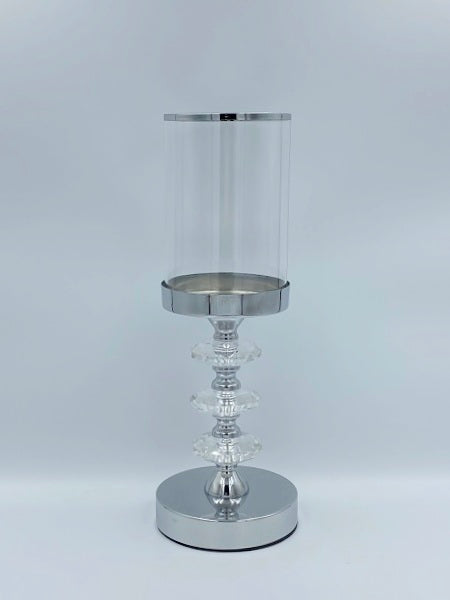 Sfeșnic argintiu cu 3 discuri de cristal 34x12 cm, decor elegant și cadou rafinat