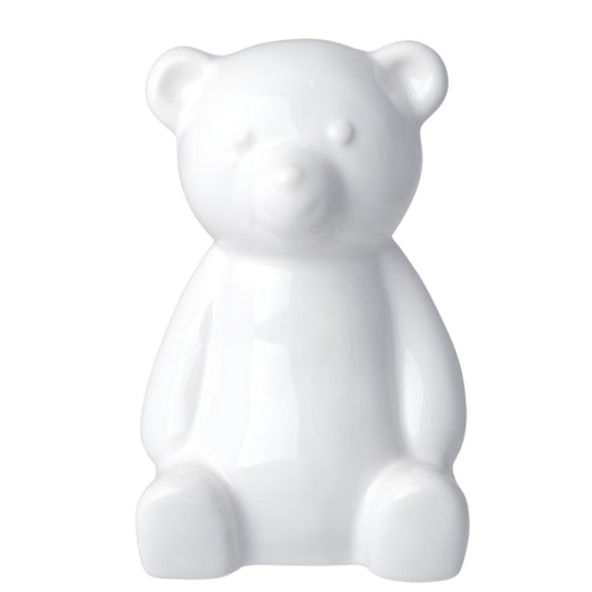 Pușculiță ursuleț din ceramică albă, 11x13x19 cm, cu design drăguț și practic, perfectă pentru decor și pentru economisirea banilor, potrivită pentru camera copiilor.