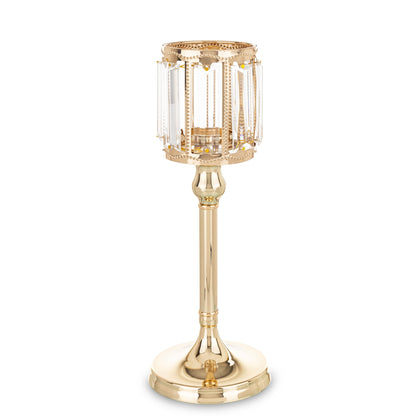 Sfeșnic auriu cu cristale 29 cm, din metal și sticlă, ornament decorativ elegant și strălucitor.