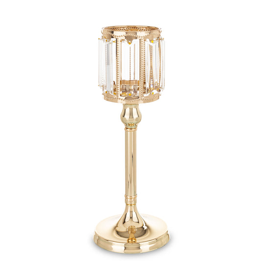 Sfeșnic auriu cu cristale 29 cm, din metal și sticlă, ornament decorativ elegant și strălucitor.