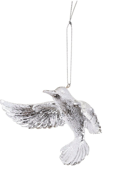 Pasăre colibri argintie de agătat (9x13x6 cm), ornament rafinat de sărbătoare