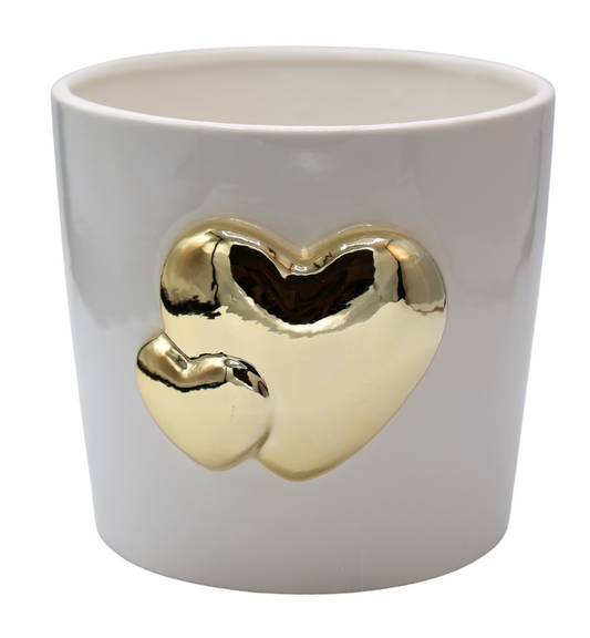 Ghiveci suport ceramică cu inimi aurii 18,5x17x15,5 cm, decor elegant pentru flori