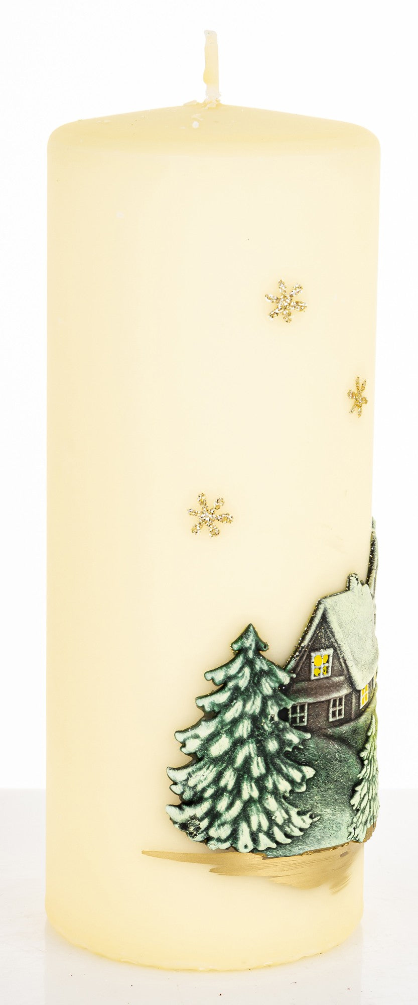 Lumânare Crăciun crem cu pietre și sclipici decorativă, ideală cadou Crăciun și decor elegant festiv premium.