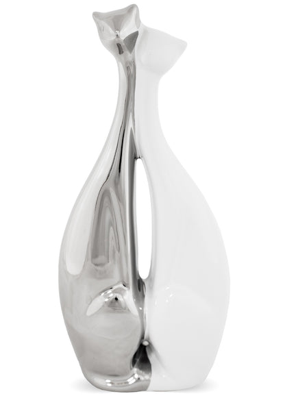 Figurină pisici alb argintiu ceramică, 20 cm, ornament decorativ pentru iubitorii de animale și decor elegant.