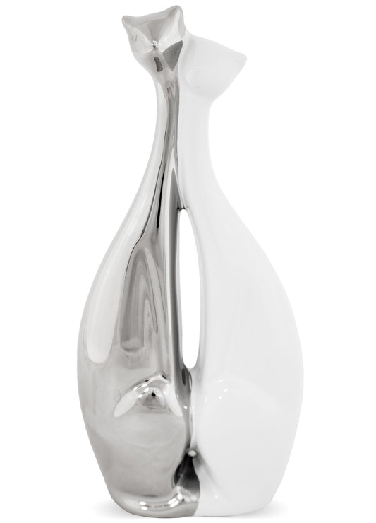 Figurină pisici alb argintiu ceramică, 20 cm, ornament decorativ pentru iubitorii de animale și decor elegant.