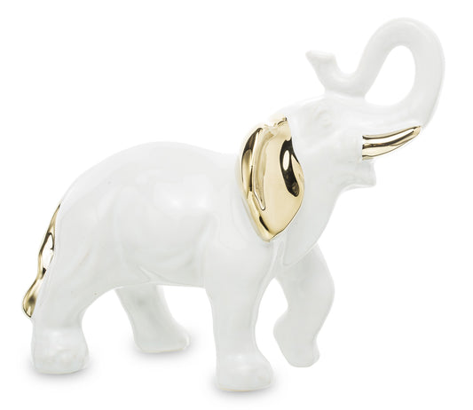 Figurină ceramică elefant alb cu auriu, 17 cm, simbol noroc și prosperitate, ornament decorativ rafinat pentru living sau birou.