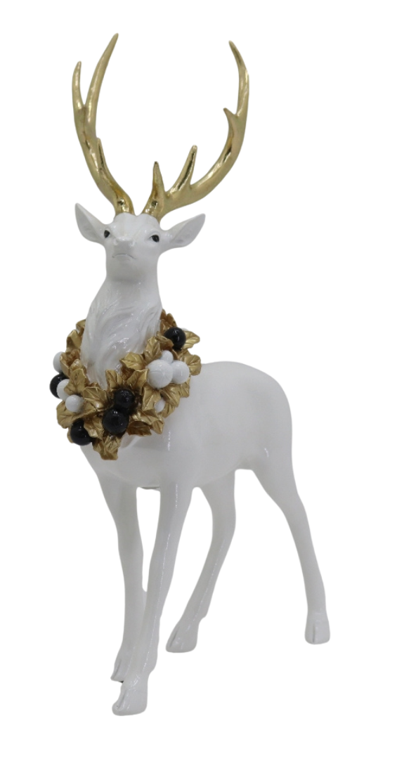 Figurină decorativă mare cerb de Crăciun realizată în nuanțe elegante alb și auriu, perfectă pentru decoruri festive sofisticate și luminoase. Designul său premium și detaliile rafinate adaugă eleganță și căldură spațiilor interioare și transformă această piesă într-un punct central pentru living, hol sau vitrine decorative. Combinația alb auriu completează armonios decorurile glam și moderne de sărbători și face din această figurină o alegere excelentă pentru cadouri festive și decoruri de Crăciun premium.