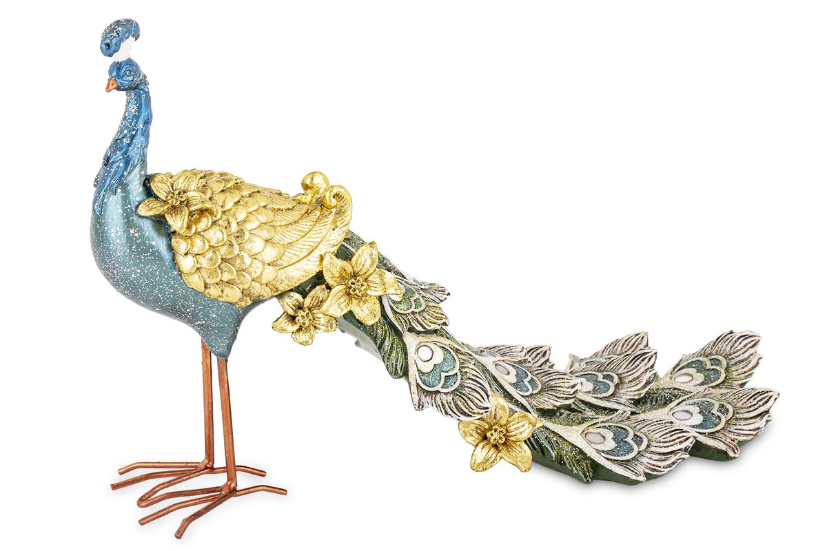 Figurină decorativă mare în formă de păun cu detalii tip oglinzi, creată pentru a deveni piesă centrală în orice decor interior. Reflexiile și detaliile sale spectaculoase oferă un efect vizual luxos, ideal pentru livinguri elegante, holuri sau spații de recepție.
