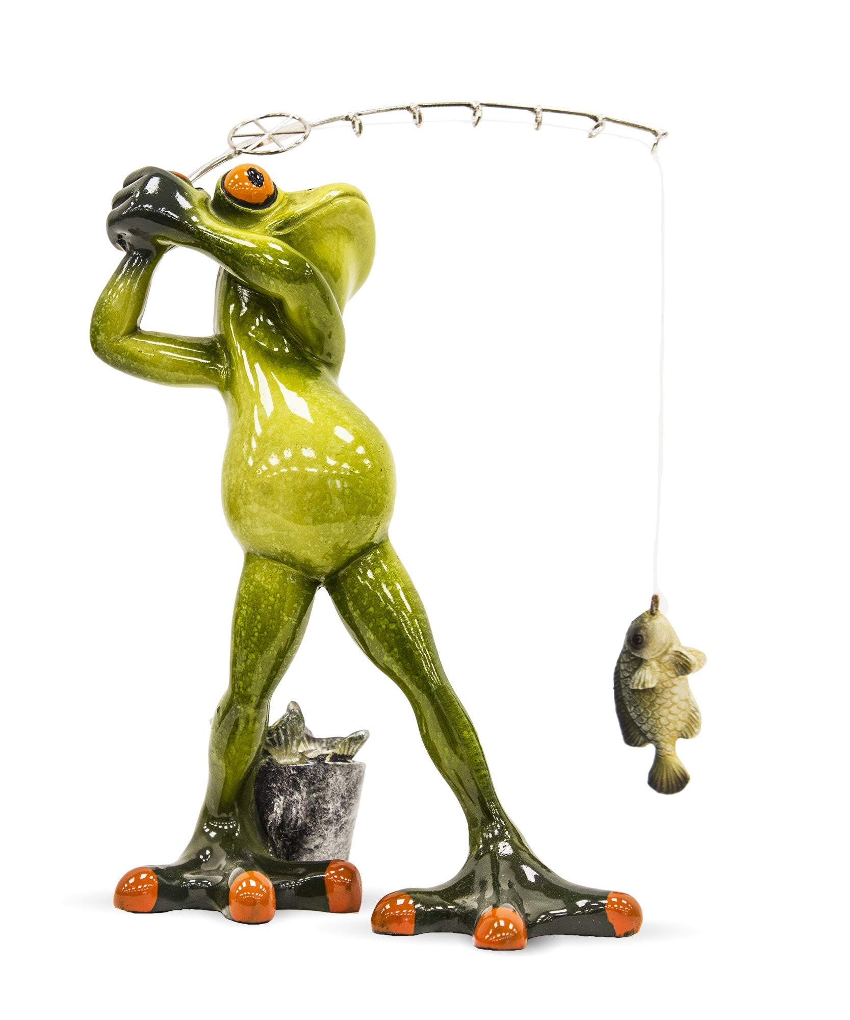 Figurină broască pescar rășină 18 cm, ornament decorativ original pentru casă sau cadou amuzant.