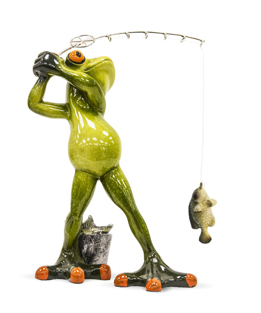 Figurină broască pescar rășină 18 cm, ornament decorativ original pentru casă sau cadou amuzant.