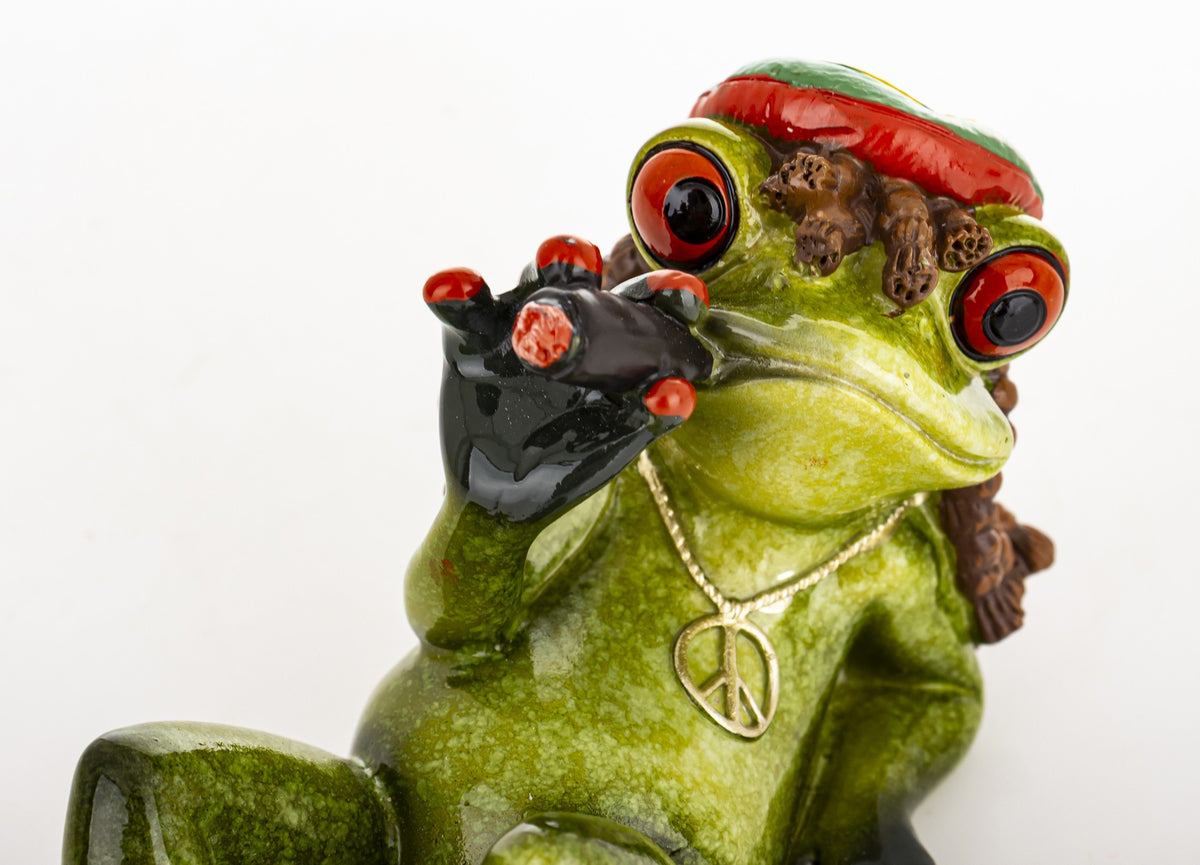 Figurină broască rasta fumând așezată pe spate, obiect decorativ amuzant și neobișnuit pentru raft, colecție, birou sau cadou original