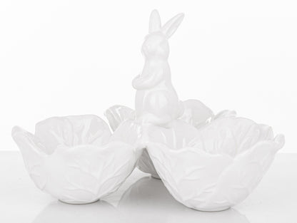 Boluri ceramică alb cu iepuraș decorativ, ideal Paște, primăvară și decor casă elegant festiv.
