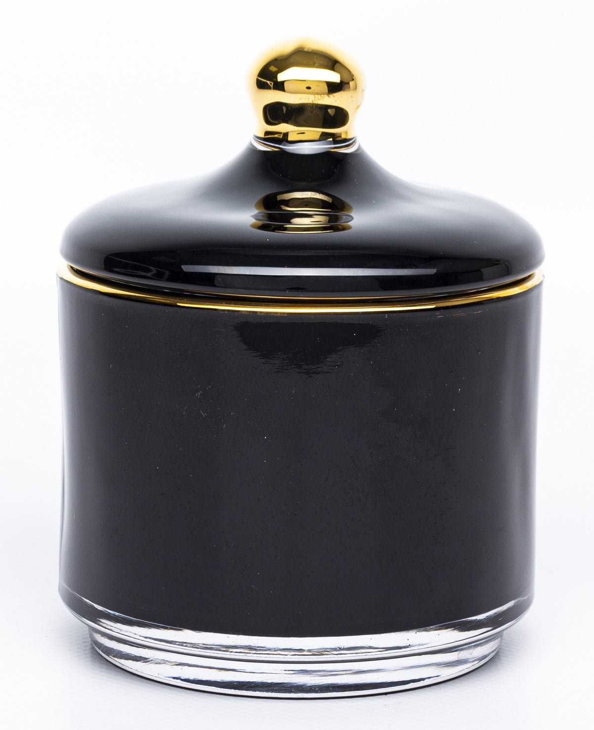 Bombonieră din sticlă negru auriu decorativă, ideală cadou casă nouă, aniversări și decor interior elegant premium.