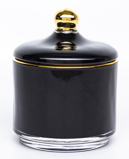 Bombonieră din sticlă negru auriu decorativă, ideală cadou casă nouă, aniversări și decor interior elegant premium.