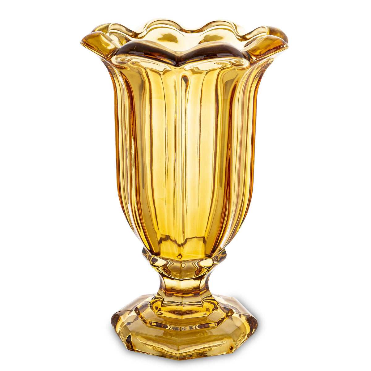Vază din sticlă masivă cu picior galben, ideală pentru decor vibrant, modern și plin de energie. Este perfectă pentru flori mari sau aranjamente decorative spectaculoase. Adaugă un accent colorat și vesel în living, dining sau spații creative.
