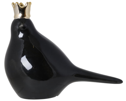 Figurină pasăre neagră cu coroană aurie rășină 17 cm, ornament decorativ elegant pentru living sau cadou.