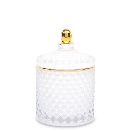 Bombonieră sticlă albă cu auriu 13x8,5x8,5 cm, cadou elegant și decorativ, mentha - flori, cadouri și decorațiuni
