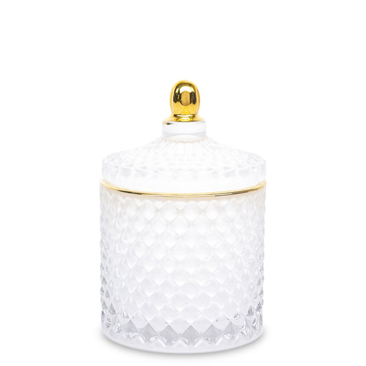 Bombonieră sticlă albă cu auriu 13x8,5x8,5 cm, cadou elegant și decorativ, mentha - flori, cadouri și decorațiuni