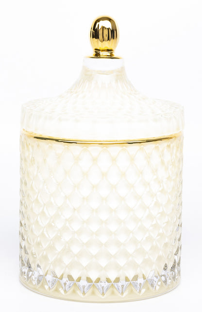 Bombonieră din sticlă alb auriu, ideală cadou casă nouă, aniversări și decor interior elegant premium.