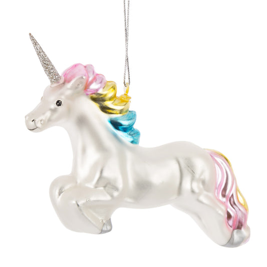 Glob decorativ de Crăciun din sticlă, model unicorn, dimensiuni 12x13x3cm, ornament festiv și original pentru brad.
