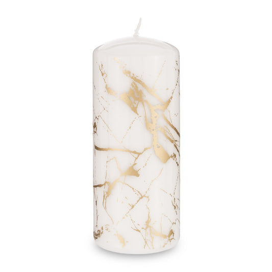 Lumânare decorativă albă cu efect marmorată, perfectă pentru decor minimalist, elegant și modern. Creează o atmosferă calmă și rafinată, potrivită pentru living, baie sau dormitor. Este ideală atât pentru utilizare zilnică, cât și ca element decorativ în spații premium sau cadouri elegante.