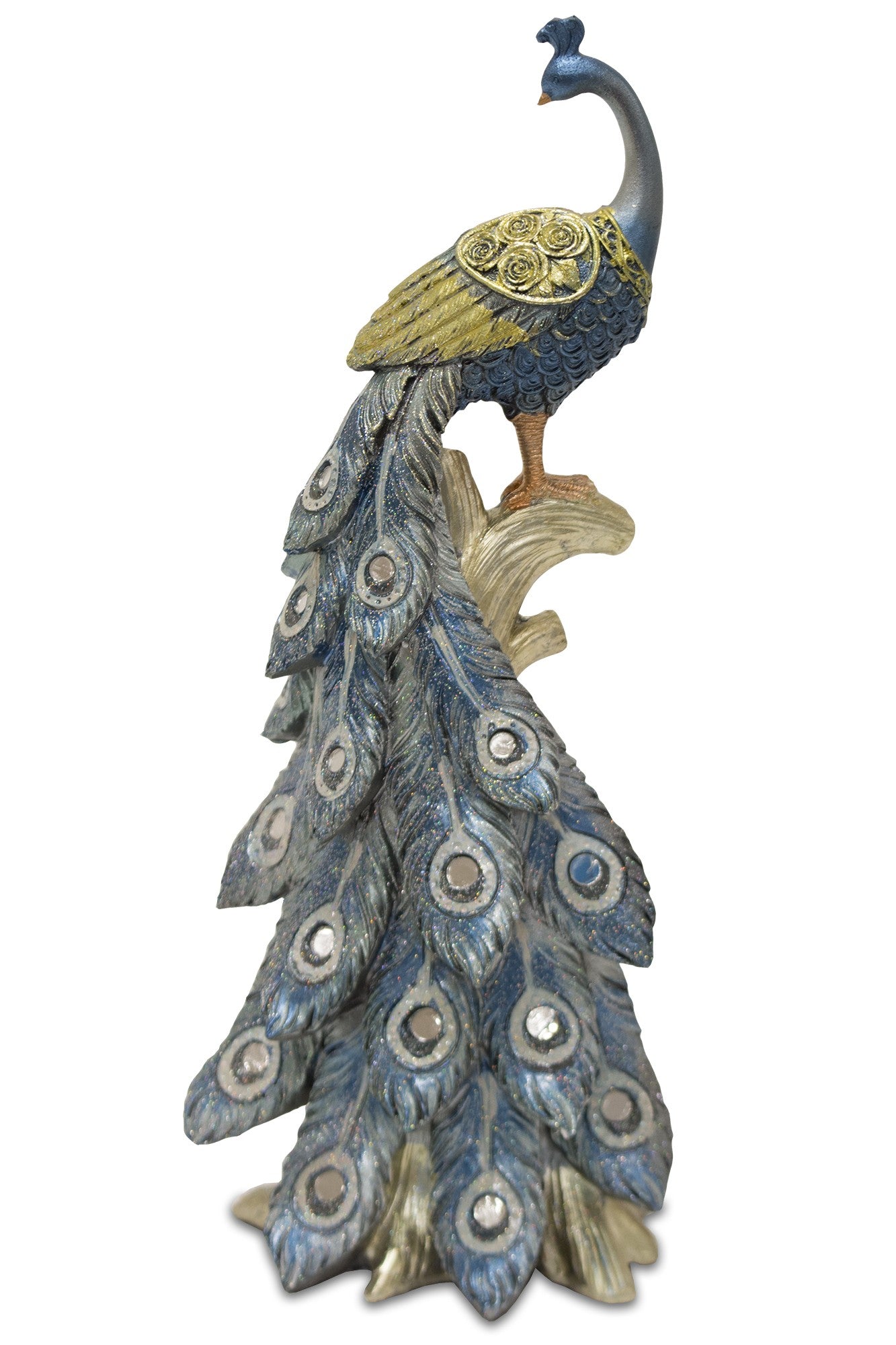 Figurină păun cu oglinzi din rășină, dimensiuni 32x12,5x10 cm, perfectă pentru cadouri strălucitoare și decor acasă.