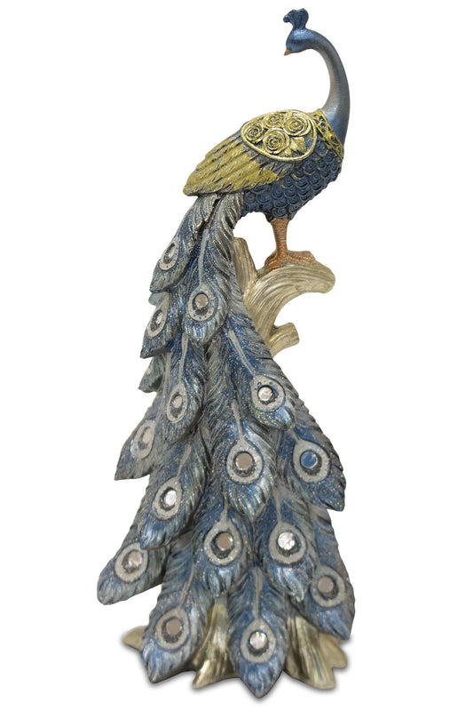 Figurină păun cu oglinzi din rășină, dimensiuni 32x12,5x10 cm, perfectă pentru cadouri strălucitoare și decor acasă.