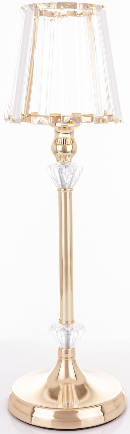 Sfeșnic auriu cu cristale decorativ, ideal casă nouă, evenimente și decor interior luxos elegant.