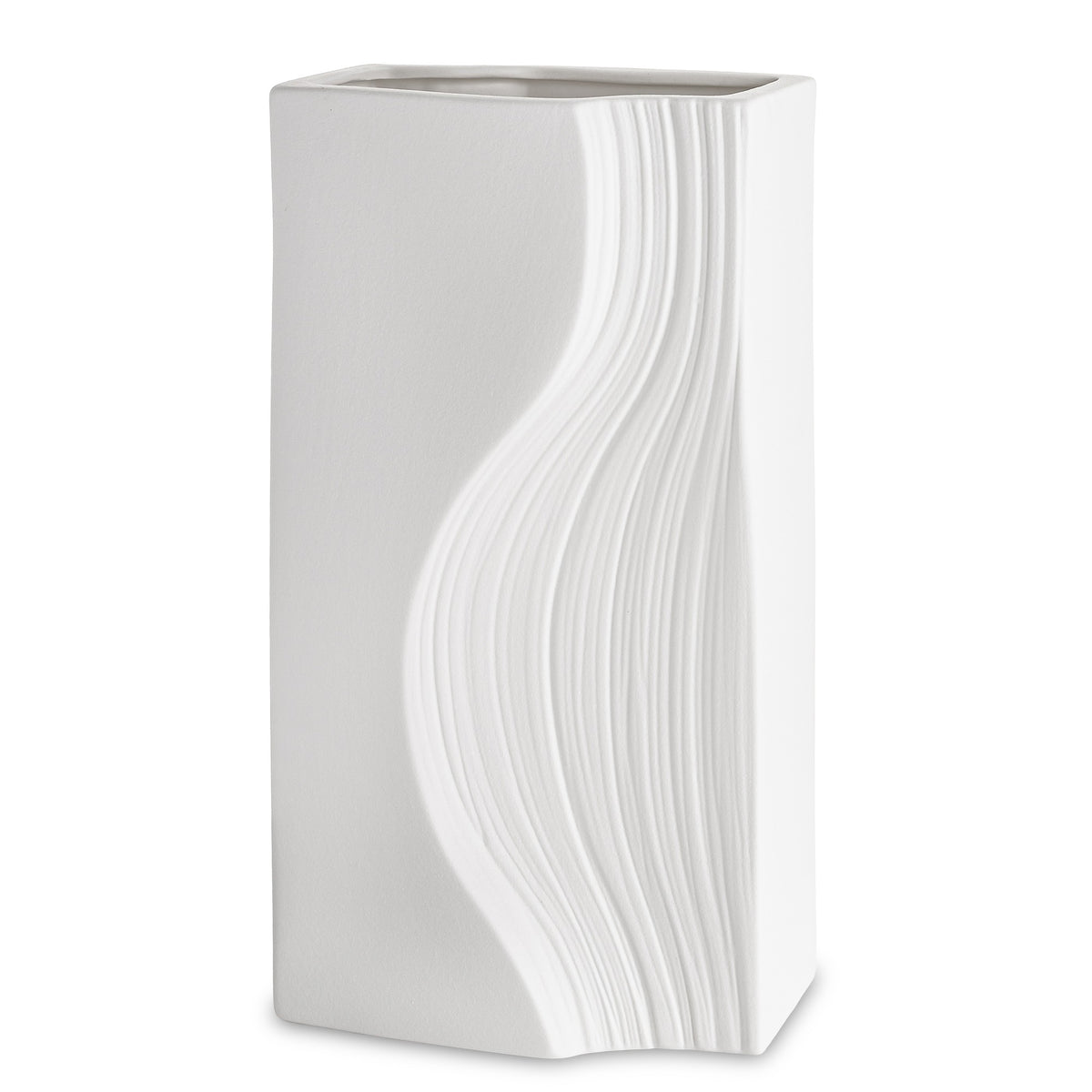 Vază din porțelan alb cu design minimalist modern, ideală pentru interioare luminoase, curate și elegante. Este perfectă pentru flori naturale sau artificiale și se potrivește în orice tip de decor contemporan. Adaugă un aer sofisticat și rafinat în casă.