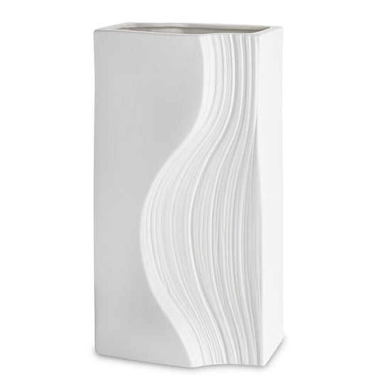 Vază din porțelan alb cu design minimalist modern, ideală pentru interioare luminoase, curate și elegante. Este perfectă pentru flori naturale sau artificiale și se potrivește în orice tip de decor contemporan. Adaugă un aer sofisticat și rafinat în casă.