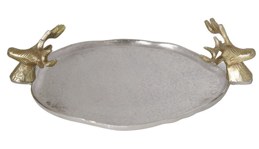 Tavă decorativă din metal alamă, cu cerbi, 34,5x26x9cm, accesoriu elegant pentru sărbători și decor festiv.