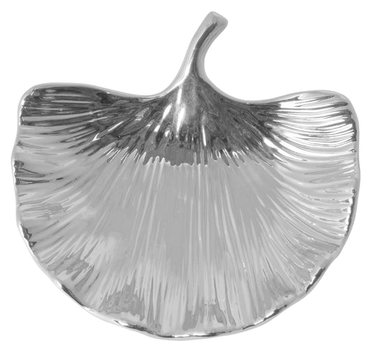 Frunză ceramică argintie ginko, 16x16x5 cm, decor și cadou elegant.