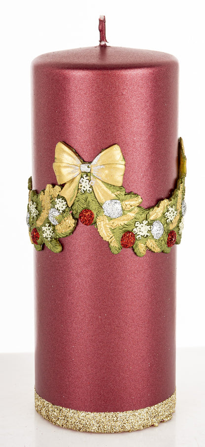 Lumânare Crăciun cu pietre și sclipici roșie decorativă, ideală sărbători, cadou de Crăciun și decor festiv elegant.