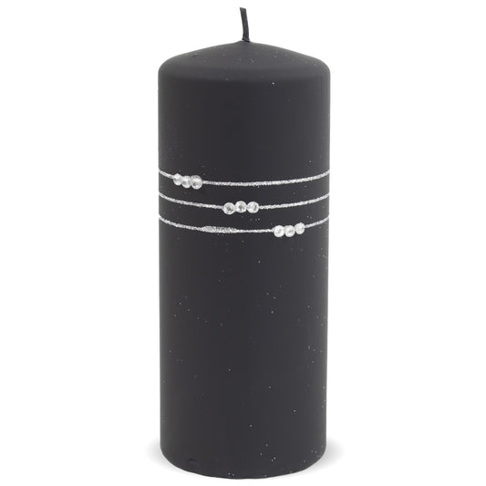 Lumânare decorativă neagră cu pietre strălucitoare, perfectă pentru decor modern, elegant și ușor dramatic. Creează o atmosferă sofisticată și este ideală pentru seri speciale sau decor minimalist premium. O piesă care atrage atenția instant.